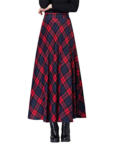 Minetom Damen Lang Rock Winter Warm Wollrock Vintage Elegante Gitter Rock Casual Winterrock Elastische Taille A-Linie Midi Rock Hohe Taille Rock Faltenrock I Rot M von Minetom