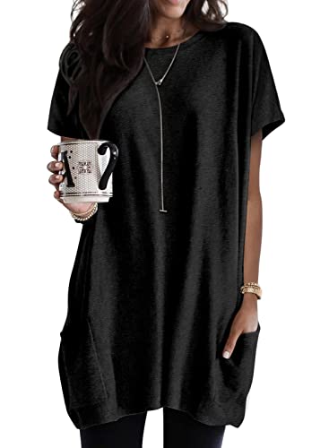 Minetom T-Shirt Damen Rundhals T Shirt Kurzarm Locker Lang Oberteil Einfarbig Longshirt Casual Lose Tshirt mit Tasche Elegant Pullover Sweatshirt Langarmshirt Tops Oversized Tshirts A Schwarz XL von Minetom