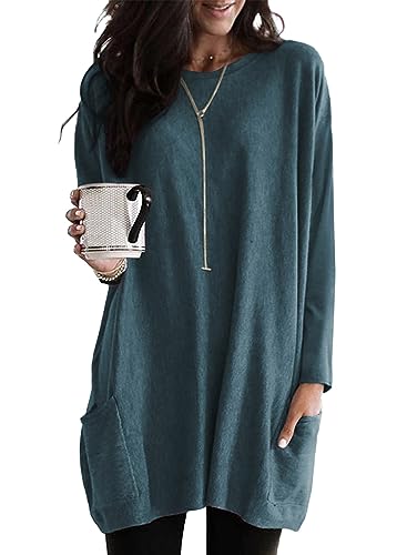 Minetom T-Shirt Damen Rundhals T Shirt Kurzarm Locker Lang Oberteil Einfarbig Longshirt Casual Lose Tshirt mit Tasche Elegant Pullover Sweatshirt Langarmshirt Tops Oversized Tshirts C Blau XL von Minetom