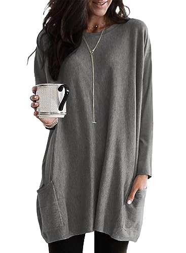 Minetom T-Shirt Damen Rundhals T Shirt Kurzarm Locker Lang Oberteil Einfarbig Longshirt Casual Lose Tshirt mit Tasche Elegant Pullover Sweatshirt Langarmshirt Tops Oversized Tshirts C Dunkelgrau M von Minetom