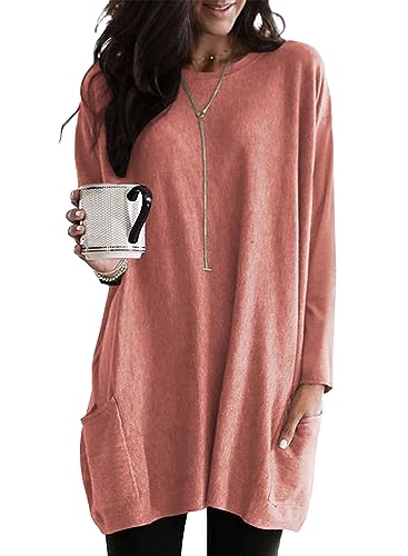 Minetom T-Shirt Damen Rundhals T Shirt Kurzarm Locker Lang Oberteil Einfarbig Longshirt Casual Lose Tshirt mit Tasche Elegant Pullover Sweatshirt Langarmshirt Tops Oversized Tshirts C Rosa XXL von Minetom