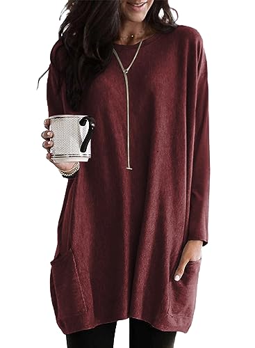 Minetom T-Shirt Damen Rundhals T Shirt Kurzarm Locker Lang Oberteil Einfarbig Longshirt Casual Lose Tshirt mit Tasche Elegant Pullover Sweatshirt Langarmshirt Tops Oversized Tshirts C Weinrot XL von Minetom
