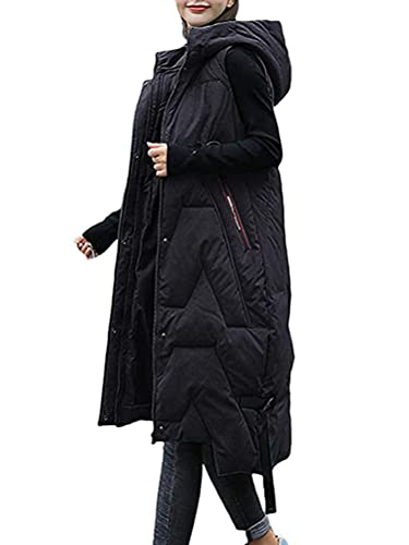 Minetom Damen Lang Wintermantel mit Kapuze Weste Mantel Ärmellose Warm Jacke mit Taschen Steppweste Steppjacke Outdoor Mantel H Schwarz 34 von Minetom