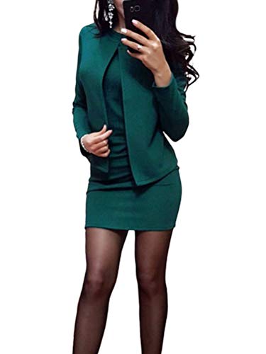 Minetom Damen Langarm Bodycon Mini Kleid und Jacke 2 Stücke Herbst Winter Cardigan Elegant Sexy Büro Party Cocktail Business Abendkleid Bleistftkleid (A Grün, 34) von Minetom