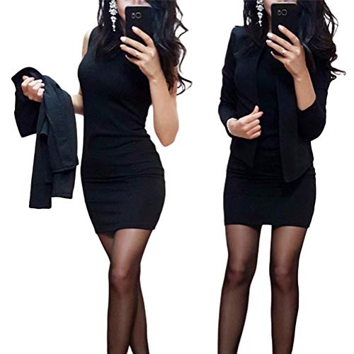 Minetom Damen Langarm Bodycon Mini Kleid und Jacke 2 Stücke Herbst Winter Cardigan Elegant Sexy Büro Party Cocktail Business Abendkleid Bleistftkleid A Schwarz 38 von Minetom