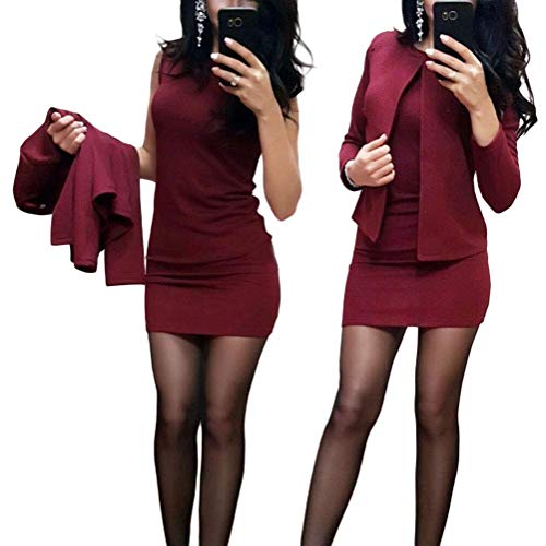 Minetom Damen Langarm Bodycon Mini Kleid und Jacke 2 Stücke Herbst Winter Cardigan Elegant Sexy Büro Party Cocktail Business Abendkleid Bleistftkleid A Weinrot 42 von Minetom