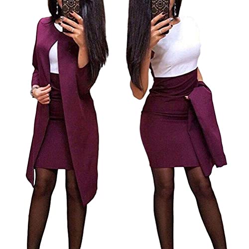 Minetom Damen Langarm Bodycon Mini Kleid und Jacke Langer Mantel 2 Stücke Büro Party Cocktail Abendkleid Bleistftkleid B Rot 42 von Minetom