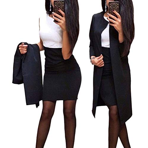 Minetom Damen Langarm Bodycon Mini Kleid und Jacke Langer Mantel 2 Stücke Herbst Winter Elegant Sexy Büro Party Cocktail Business Abendkleid Bleistftkleid B Schwarz 34 von Minetom