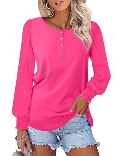Minetom Damen Langarm Henley Tops Gesmokte Puffärmel Tops Button Down Shirts Blusen, Knallpink (Hot Pink), Large von Minetom