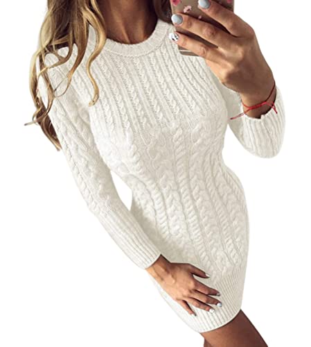 Minetom Damen Langarm Pulloverkleid Strickkleid V-Ausschnitt Reißverschluss Einfarbige Partykleid Warmer Rundhals Pullover Kleider Minikleid D Weiß L von Minetom