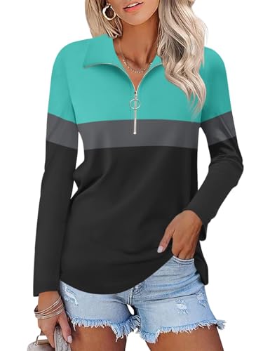 Minetom Damen-Langarm-Shirts, Viertelreißverschluss, Farbblock-Tops, Kragenhemden, Herbstkleidung, Mint-Anthrazit-Schwarz, Small von Minetom