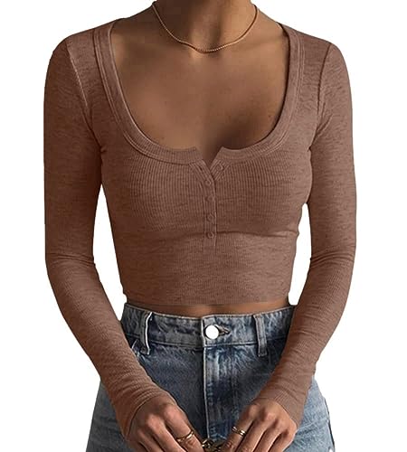 Minetom Damen Langarm T-Shirt mit Quadratischer Ausschnitt Basic Langarmshirt Crop Tops Bauchfrei Oberteile Sweatshirt Pullover Top Herbst Ribbed C Braun XL von Minetom