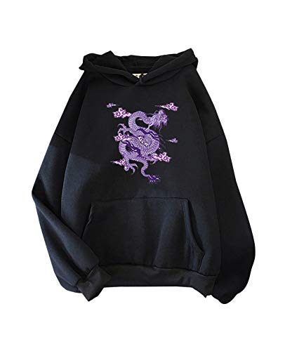 Minetom Damen Langarm Tasche Kapuzenpullover Sweatshirt Pullover Tops Oversized Hip Hop Drachen Druck Herbst Winter Warm Hoodies B Schwarz 38 von Minetom