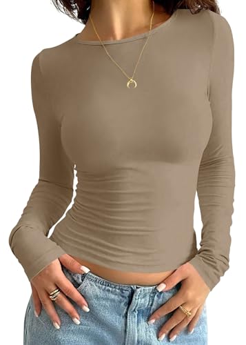 Minetom Sweatshirt Damen Langarmshirt Slim Fit Rundhals Langarm T-Shirt Y2K Tops Oberteile Einfarbig Basic Crop Top Casual Aesthetic Clothes Streetwear Sweatshirts Teenager Mädchen A Khaki M von Minetom