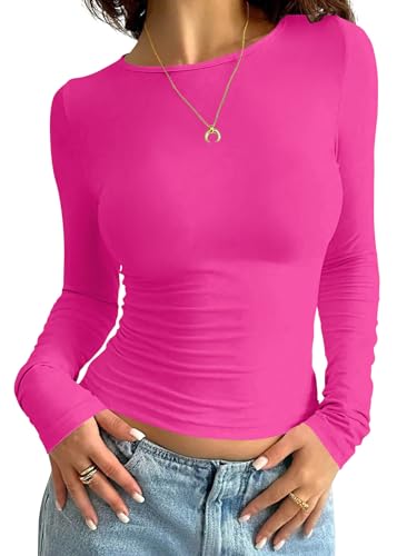 Minetom Sweatshirt Damen Langarmshirt Slim Fit Rundhals Langarm T-Shirt Y2K Tops Oberteile Einfarbig Basic Crop Top Casual Aesthetic Clothes Streetwear Sweatshirts Teenager Mädchen A Rose M von Minetom