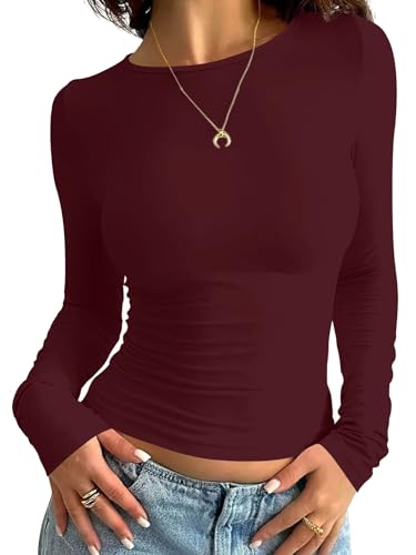 Minetom Damen Langarmshirt Slim Fit Rundhals Langarm T-Shirt Y2K Tops Oberteile Einfarbig Basic Crop Top Casual Y2K Aesthetic Clothes Streetwear Clean Girl Klamotten A WeinWeinrot L von Minetom