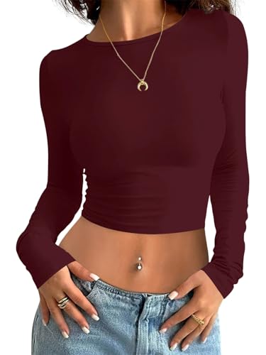 Minetom Damen Langarmshirt Slim Fit Rundhals Langarm T-Shirt Y2K Tops Oberteile Einfarbig Basic Crop Top Casual Y2K Aesthetic Clothes Streetwear Clean Girl Klamotten A WeinWeinrot XS von Minetom