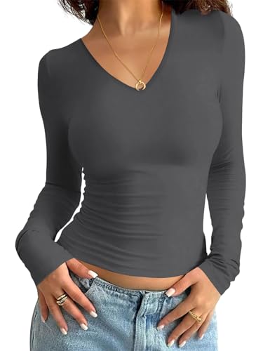 Minetom Damen Langarmshirt Slim Fit Rundhals Langarm T-Shirt Y2K Tops Oberteile Einfarbig Basic Crop Top Casual Y2K Aesthetic Clothes Streetwear Clean Girl Klamotten D Dunkelgrau M von Minetom