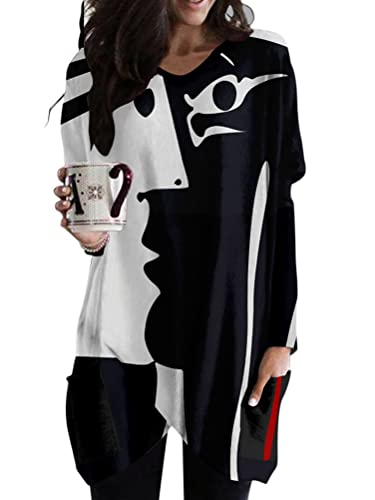 Minetom Damen Langarmshirt V-Ausschnitt Druck Lose Langarm Oberteile Oversize Lang Sweatshirt Tops Asymmetrisch Saum Jumper Pullover Mit Taschen B2 Schwarz Weiß 3XL von Minetom