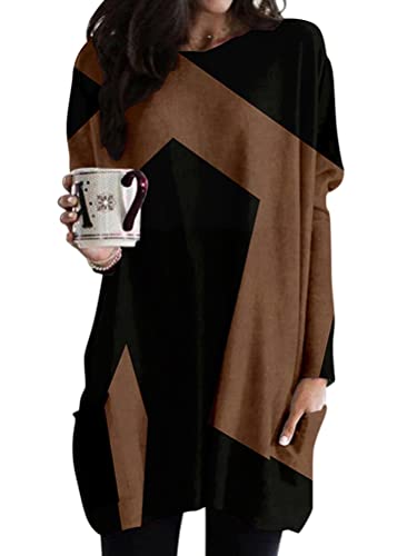 Minetom Damen Langarmshirt V-Ausschnitt Druck Lose Langarm Oberteile Oversize Lang Sweatshirt Tops Asymmetrisch Saum Jumper Pullover Mit Taschen L Braun S von Minetom