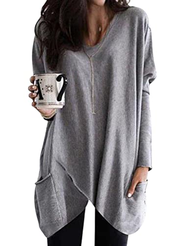 Minetom Damen Langarmshirt V-Ausschnitt Druck Lose Oberteile Oversize Lang Sweatshirt Tops Asymmetrisch Saum Pullover Mit Taschen M Grau L von Minetom