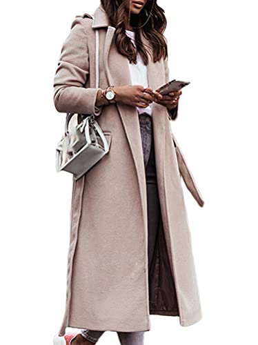 Minetom Damen Lange Jacke Herbst Winter Mantel Elegant Langarm Slim Fit Einfarbig Wollmantel Trenchcoat mit Gürtel E Beige XS von Minetom