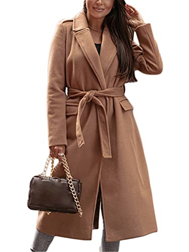 Minetom Damen Lange Jacke Herbst Winter Mantel Elegant Langarm Slim Fit Einfarbig Wollmantel Trenchcoat mit Gürtel E Khaki L Minetom Damen Lange Jacke Herbst Winter Mantel Elegant Langarm Slim Fit Einfarbig Wollmantel Trenchcoat mit Gürtel E Khaki L von Minetom
