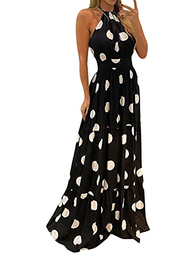 Minetom Damen Lange Kleid Chiffon Rüschen mit Tief V-Ausschnitt Blumendruck Sommerkleid Cocktailkleid Partykleid Maxikleid Strandkleid Blusenkleid H Schwarz L von Minetom