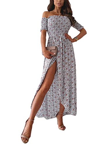 Minetom Damen Lange Kleid Off Shoulder Rüsche mit Puffärmel Blumendruck Sommerkleid Cocktail Partykleid Maxikleid Strandkleider mit hohem Schlitz J Grau M von Minetom
