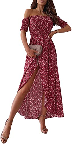 Minetom Damen Lange Kleid Off Shoulder Rüsche mit Puffärmel Blumendruck Sommerkleid Cocktail Partykleid Maxikleid Strandkleider mit hohem Schlitz J Rot M von Minetom