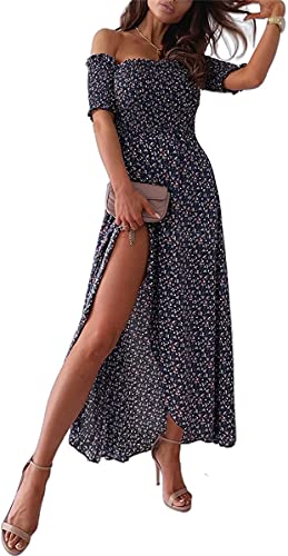 Minetom Damen Lange Kleid Off Shoulder Rüsche mit Puffärmel Boho Blumendruck Sommerkleid Cocktail Partykleid Maxikleid Strandkleider mit hohem Schlitz J Dunkelblau M von Minetom