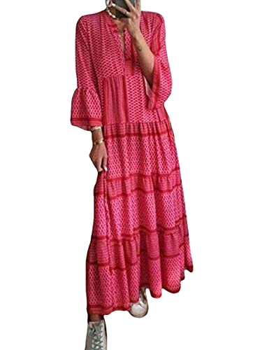Minetom Damen Lange Kleid Rüschen mit Tief V-Ausschnitt Drucken Sommerkleid Herbstkleid Cocktailkleid Partykleid Maxikleid Strandkleid Blusenkleid B Rot 3XL von Minetom