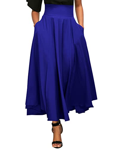 Minetom Damen Lange Rock Hohe Taille Maxirock Elastische Faltenrock Lange Big Swing Sommerrock C Blau XS von Minetom