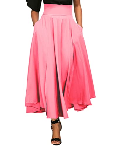 Minetom Damen Lange Rock Hohe Taille Maxirock Elastische Faltenrock Lange Big Swing Sommerrock C Rosa XXL von Minetom