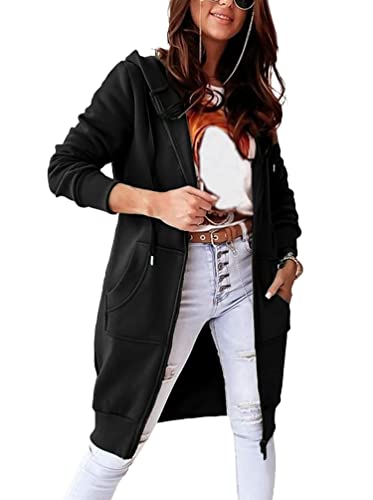 Minetom Damen Lange Sweatjacke Sweatshirt Mantel Outwear Kapuzenpullover Lang Hoodie Kapuzenjacke Herbst Winter Reißverschluss Jacke Mit Kapuze A Schwarz XL von Minetom