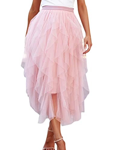 Minetom Damen Langer Tüllrock A Linie Tüll Röcke Hochzeit Tutu Maxiröcke Sommerrock Maxirock Vintage Boho Chiffon Strandrock C Rosa L von Minetom