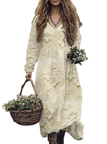 Minetom Damen Langes Boho Kleid Vintage Kleider mit Blumenmuster Langarm Maxikleid Frühling Sommer Blumenkleid Freizeitkleid A Beige XXL von Minetom