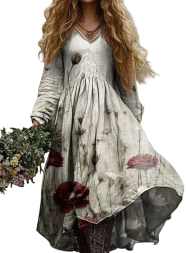 Minetom Damen Langes Boho Kleid Vintage Kleider mit Blumenmuster Langarm Maxikleid Frühling Sommer Blumenkleid Freizeitkleid A Grau 3XL Minetom Damen Langes Boho Kleid Vintage Kleider mit Blumenmuster Langarm Maxikleid Frühling Sommer Blumenkleid Freizeitkleid A Grau 3XL von Minetom