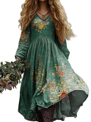 Minetom Damen Langes Boho Kleid Vintage Kleider mit Blumenmuster Langarm Maxikleid Frühling Sommer Blumenkleid Freizeitkleid A Grün 3 L von Minetom