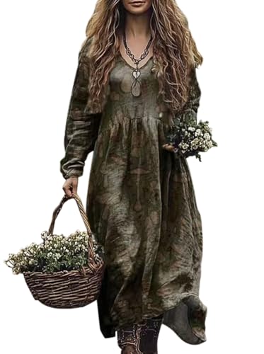 Minetom Damen Langes Boho Kleid Vintage Kleider mit Blumenmuster Langarm Maxikleid Frühling Sommer Blumenkleid Freizeitkleid A Grün 8 L von Minetom