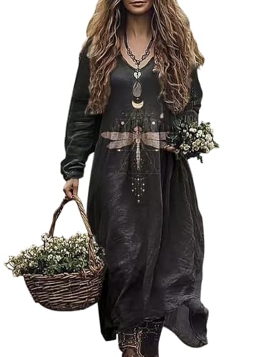 Minetom Damen Langes Boho Kleid Vintage Kleider mit Blumenmuster Langarm Maxikleid Frühling Sommer Blumenkleid Freizeitkleid A Schwarz 1 XXL Minetom Damen Langes Boho Kleid Vintage Kleider mit Blumenmuster Langarm Maxikleid Frühling Sommer Blumenkleid Freizeitkleid A Schwarz 1 XXL von Minetom