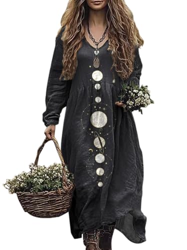Minetom Damen Langes Boho Kleid Vintage Kleider mit Blumenmuster Langarm Maxikleid Frühling Sommer Blumenkleid Freizeitkleid A Schwarz 2 M von Minetom
