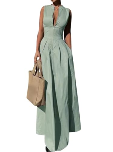 Minetom Damen Langes Kleid Elegant Ärmellos Reißverschluss Cocktailkleid Partykleid Sommerkleid Freizeitkleid V-Ausschnitt A-Linie Maxi Kleider A Grün M von Minetom