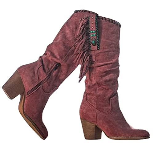 Minetom Damen Langschaft Stiefel Stiefeletten Wildleder Quaste Zipper Bootie Herbst Winter Stiefel Ankle Boots Westernstiefel Halbhohe Stiefel C Rot 39 EU von Minetom