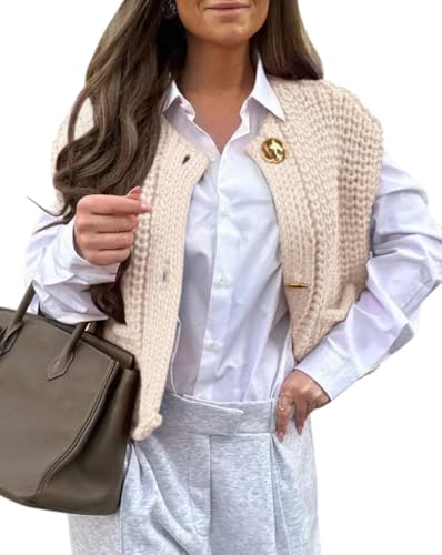 Minetom Damen Lassig Ärmellose Leichte Strickjacke Cardigan Einfarbig Strickweste Pullunder Pullover Knöpfe Weste Tops mit Taschen A Beige M von Minetom