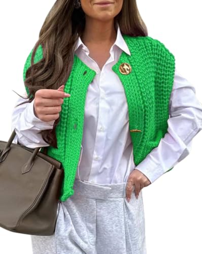 Minetom Damen Lassig Ärmellose Leichte Strickjacke Cardigan Einfarbig Strickweste Pullunder Pullover Knöpfe Weste Tops mit Taschen A Grün L von Minetom