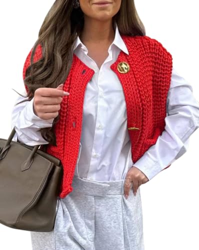 Minetom Damen Lassig Ärmellose Leichte Strickjacke Cardigan Einfarbig Strickweste Pullunder Pullover Knöpfe Weste Tops mit Taschen A Rot M von Minetom