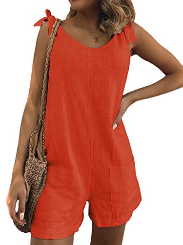 Minetom Damen Latzhose Ärmellos Overall Größe Jumpsuit Baggy Kurz Sommerhose Playsuits Leinen Wide Leg Hosenanzug Orange 40 von Minetom