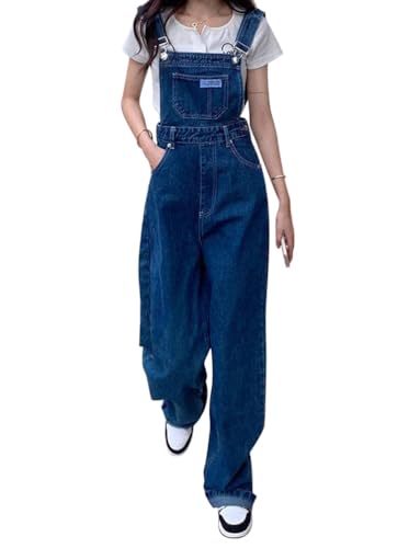 Minetom Damen Latzhose Denim Jumpsuit Jeanslatzhose Casual Lose Hose Lange Straight Leg Romper Jeans Overalls mit Taschen A04 Blau XL von Minetom