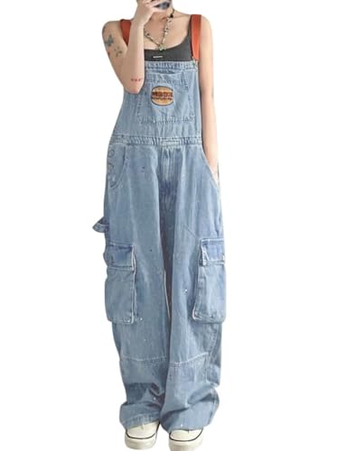Minetom Damen Latzhose Denim Jumpsuit Jeanslatzhose Casual Lose Hose Lange Straight Leg Romper Jeans Overalls mit Taschen A06 Blau XL von Minetom